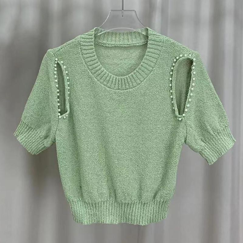 Летний дизайн Sense круглый вырез Doo бисер тонкий трикотажный топ с короткими рукавами женская повседневная летняя базовая модель комфорт и стиль облегающие пуловеры футболки