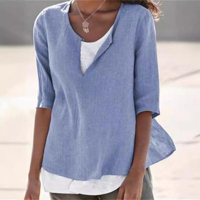 Летние новые однотонные женские рубашки больших размеров с V-образным вырезом, повседневные модные простые свободные блузки с круглым вырезом, женские топы, элегантные винтажные женские белые блузки S-5XL 26189