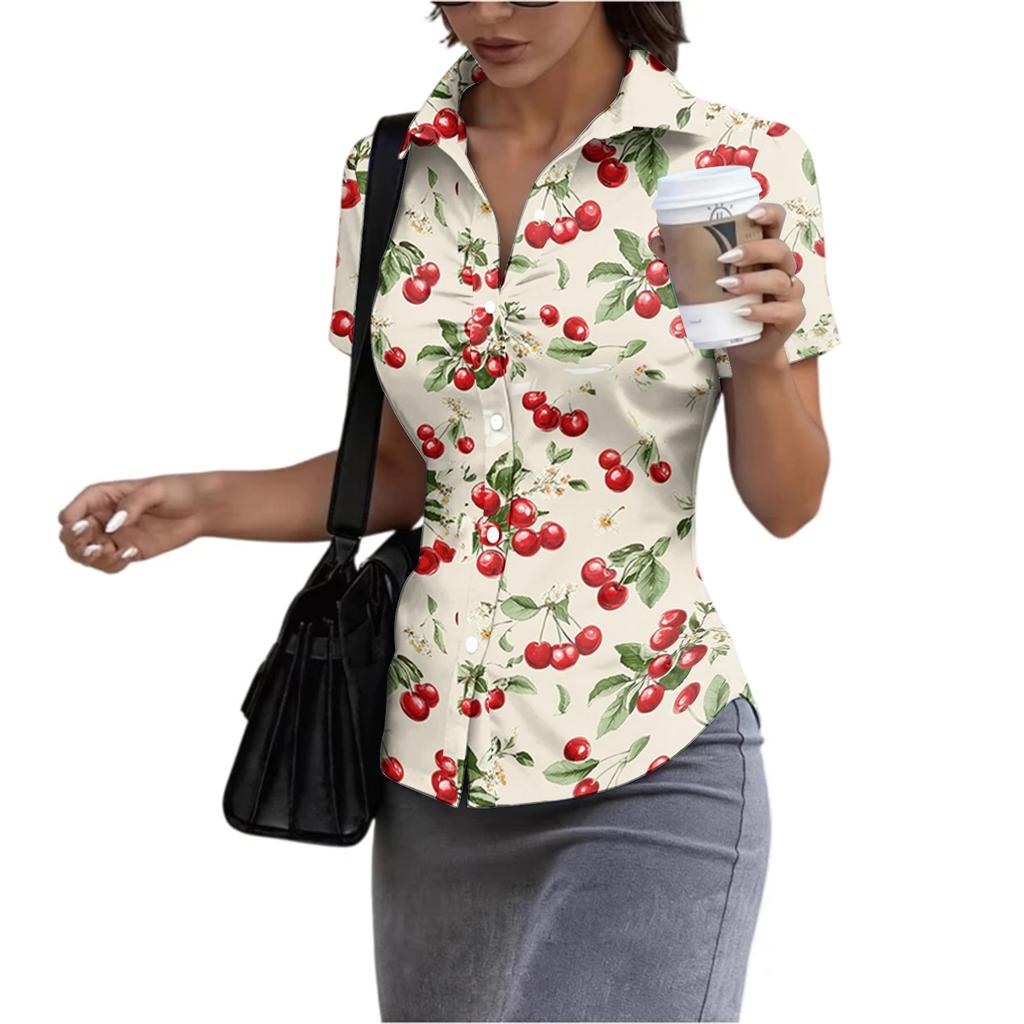 Women's Short Sleeve Button Down Shirt Slim Fit Collared Blouse Lightweight Casual Workwear Top for Summer