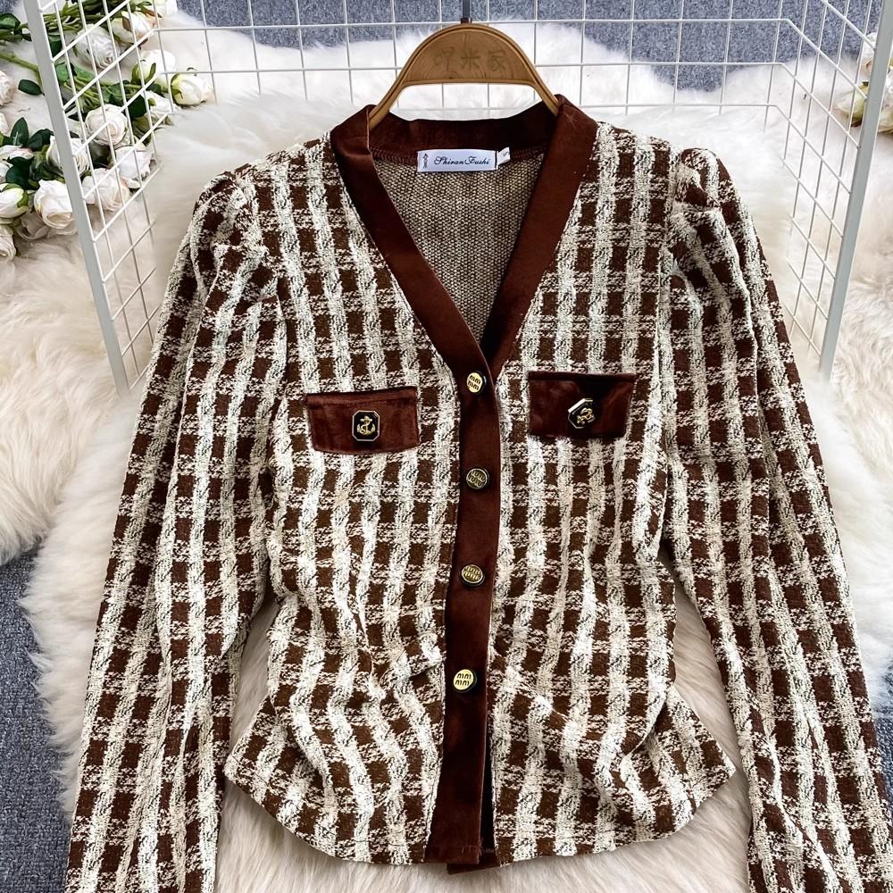 Осенне-весенний клетчатый твидовый костюм с небольшим ароматом, женский короткий пиджак с v-образным вырезом, пальто + длинная юбка-карандаш на пуговицах, комплект из двух предметов