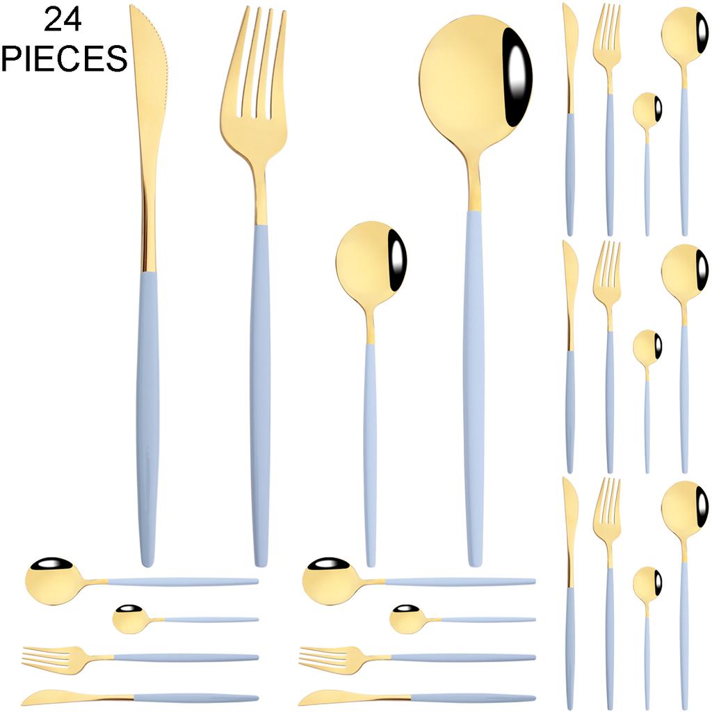 Gold 24Pcs Dinnerware Cutlery Set Knife Fork Coffee Spoon Tableware Set Mirror Stainless Steel Flatware Western Kitchen Silverware