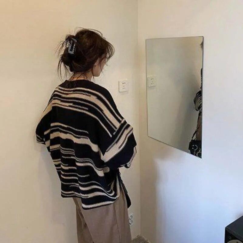 Полосатый вязаный свитер, женский винтажный свободный пуловер, полосатый топ с круглым вырезом и длинными рукавами, уличный трикотаж, Sueter Mujer, джемпер, весна-осень
