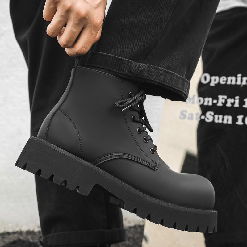 Модные новые мужские мотоциклетные ботинки с толстой подошвой и круглым носком, зимние бархатные уличные ботинки на шнуровке, деловые, высокие кожаные туфли