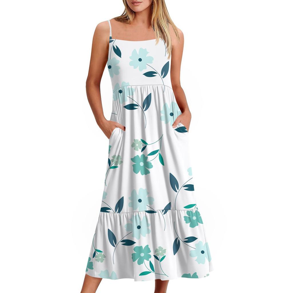 Women's Long Beach Casual Elegant Spaghetti Strap Maxi Dress Floral Low-key Flowing Bohemian Dress