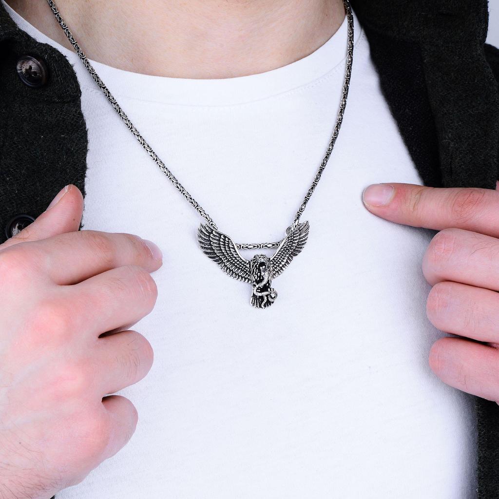 Majestic 925k Sterling Silver Eagle Pendant Necklace for Men, Articulated Moving Wings, Authentic Byzantine Chain, Unique Men's Gift