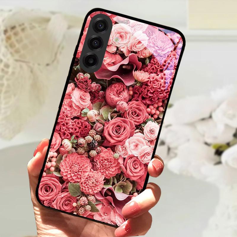 Чехол для Samsung Galaxy S25FE Модный Чехол-бампер с изображением Льва и Цветов из Закаленного Стекла Ударопрочный Защита Камеры для Galaxy S25 S 25 FE