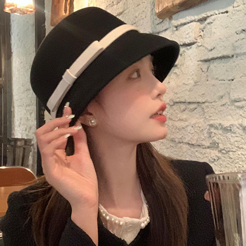 Autumn Winter French Bow Bucket Hat Women Sweet Felt Hat With Folded Shape