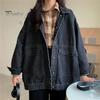 Women Denim Jacket Retro Single-breasted Loose Turn-down Collar Long Sleeves Solid Color Pockets Plus Size Lady Coat Commuting Shopping Jacket