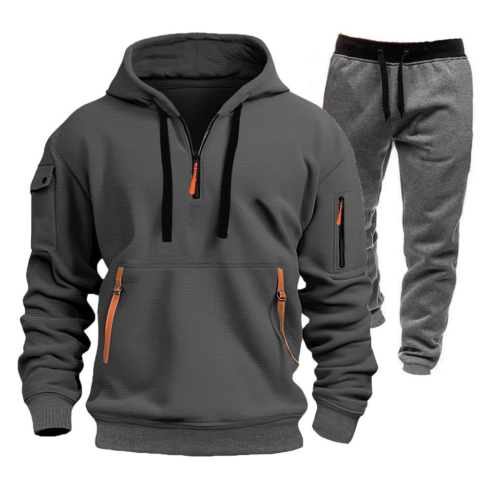 Men's Winter Fleece Multi-pocket Zipper Sweatshirt Suit Personalized Casual Hoodie Suit