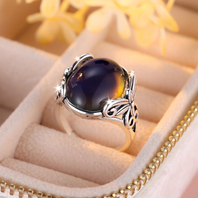 Vintage Silver Color Butterfly Ring for Women Color Changing Oval Feeling Emotion Changeable Temperature Control Color Ring