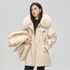 Autumn Winter Thicken Warm Detachable Parka Women Casual Fur Collar Solid Color Big Pocket Loose Hooded Coat Jackets Three-way Wear Outwear