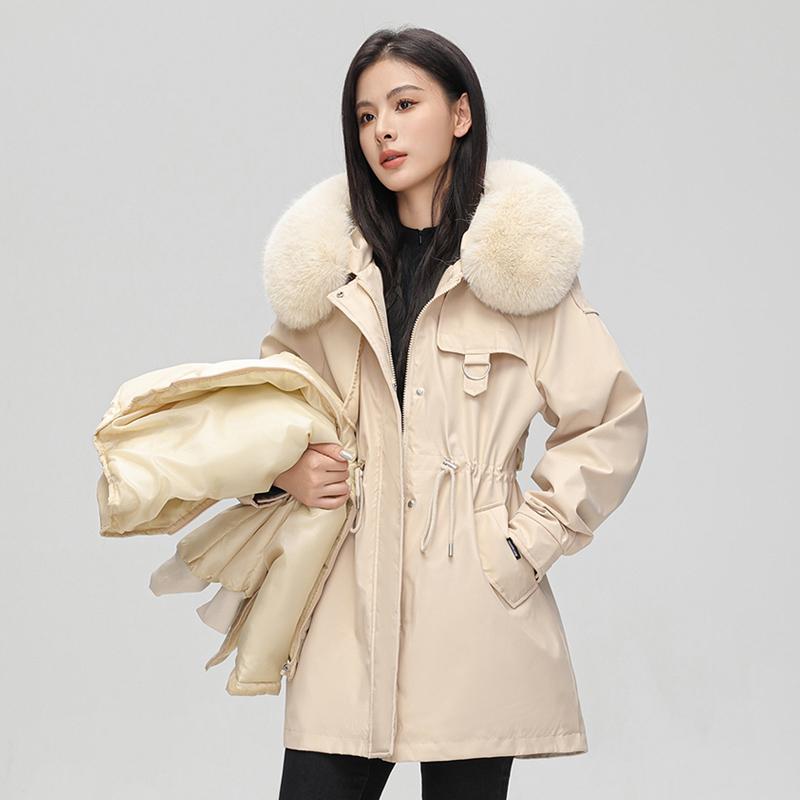 Autumn Winter Thicken Warm Detachable Parka Women Casual Fur Collar Solid Color Big Pocket Loose Hooded Coat Jackets Three-way Wear Outwear