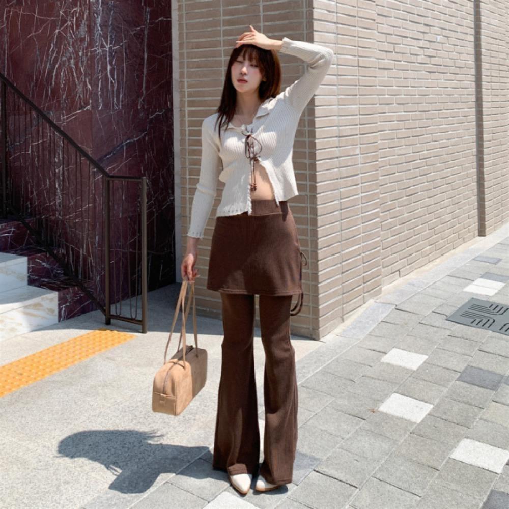 New Arrivals Open Run Women Ribbed Wrap Strap Layered Bootcut Pants