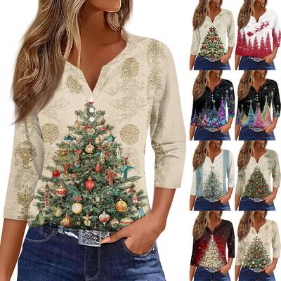 Жен. Футболка Футболка С принтом Пуговицы Рукав 3/4Ежедневно Выходные Мода Классический Топ с v-образным вырезом Обычный