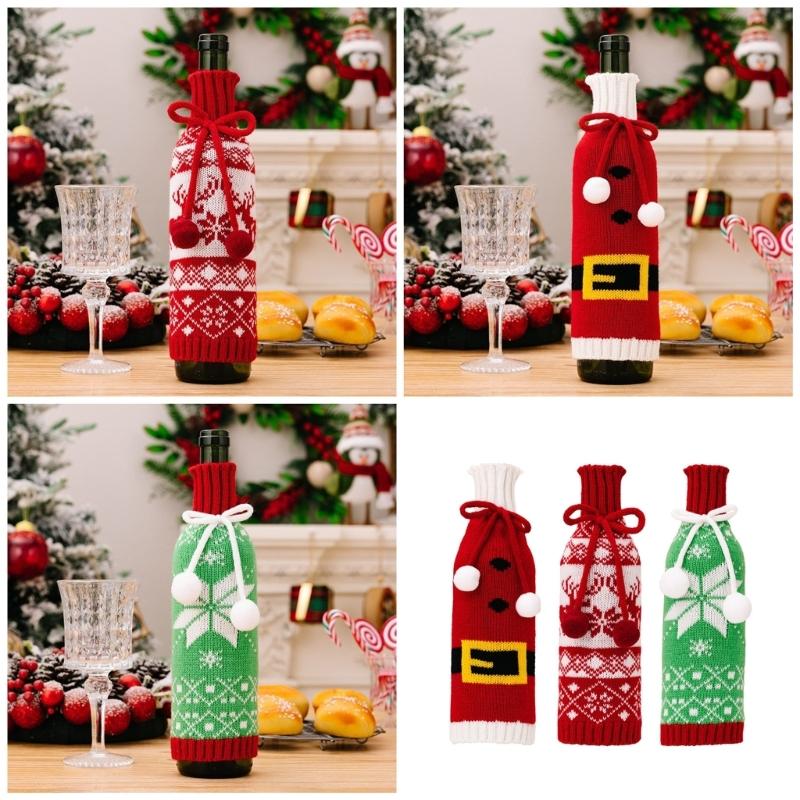3-piece Festival Snowflake Knits Чехлы для винных бутылок Покрытие для винных бутылок Для рождественского празднования Фестивальное платье для вина