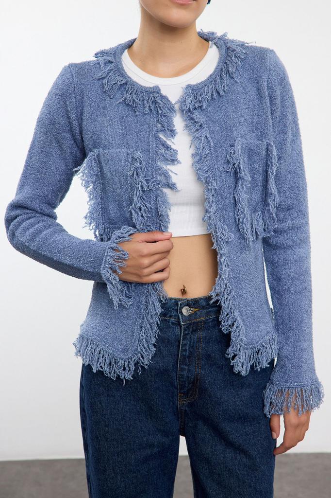 Women's Elegance Style Cardigan Blue Soft Textured Jacket Look Knitwear Cardigan