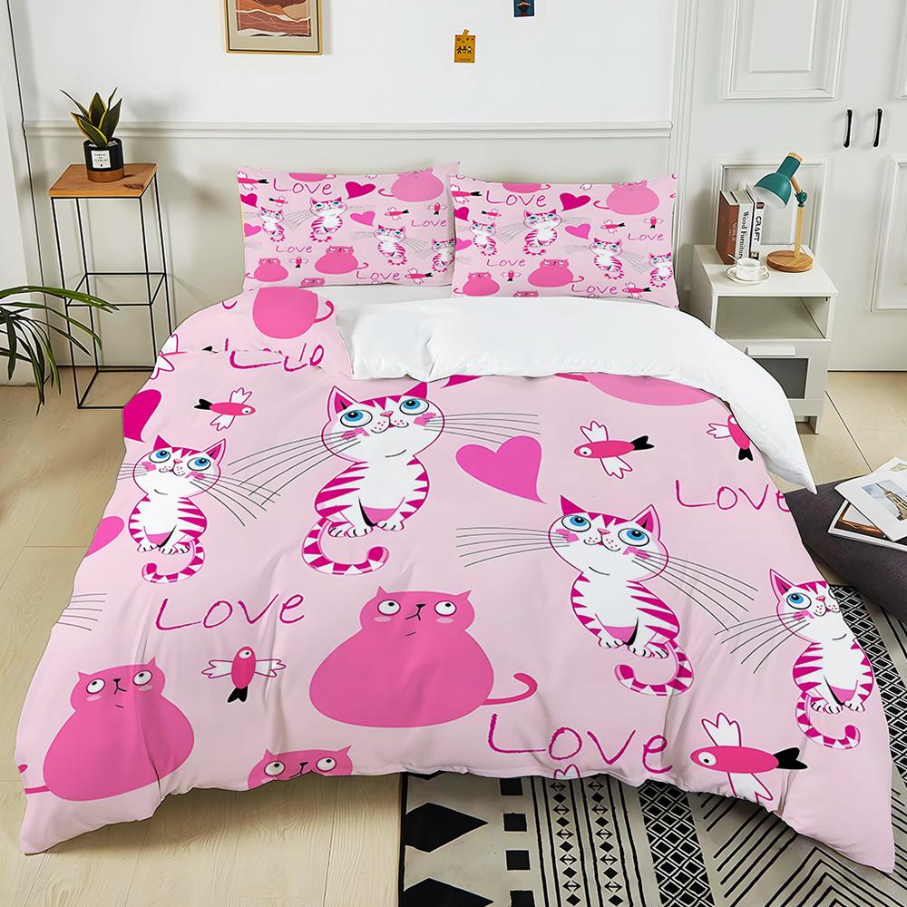 Pink background cute cats and hearts Print Bedding Set 1 Duvet Cover 2 Pillowcases for Adult and Children Luxury Gift Full Size