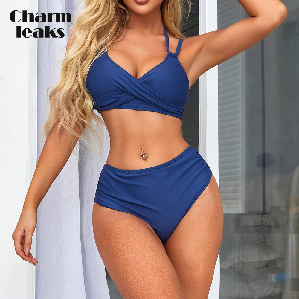 Женский комплект бикини из двух частей Charmleaks, мягкий купальник с V-образным вырезом и высокой талией, сплошной цвет