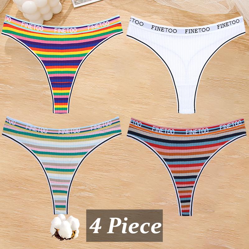 4Pcs/Set Women Cotton Colorful Stripe Panties Sexy Underwear G-Strings Rainbow Thongs Female Soft Breathable Intimates Lingerie