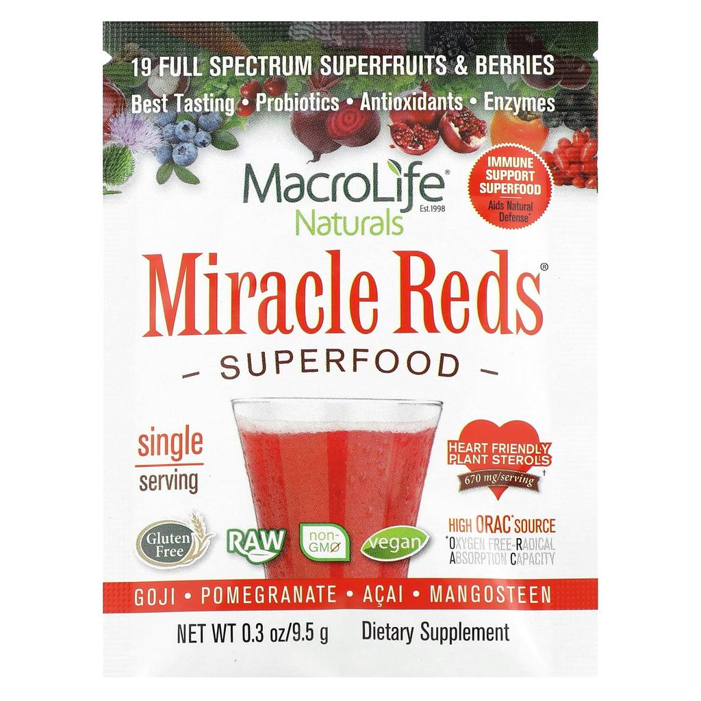 Macrolife Naturals Miracle Reds, Superfood, Goji Berry, Pomegranate, Acai, Mangosteen, 12 Packs, 0.3 Oz (9.5 G) Each