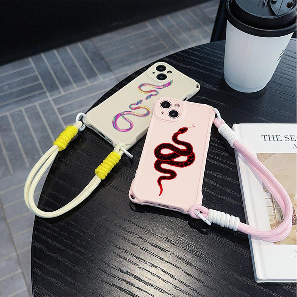 Soft Phone Cases for iPhone 16 15 13 12 11 14 Pro Max 8 Plus Four Corners Anti-Drop Protective Cover Optional Lanyard Rope N73 Black Gold Snake Design
