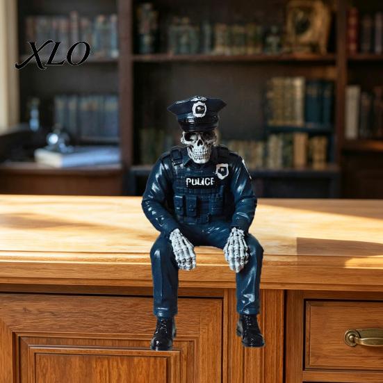 Alternative Home Display Halloween Skeleton Ornament, Policeman/Military Resin Gothic Skull Figurine, Ornaments Dark Style Sitting Pose Sculpture for