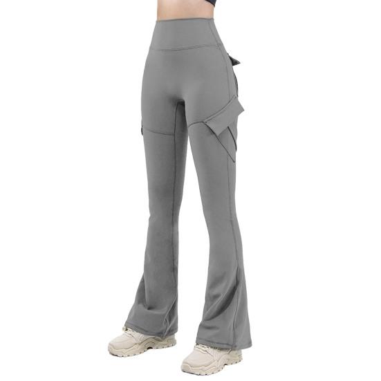 Women Flared Pants Elastic High Waist Wide Leg Casual Trousers with Flap Pockets Solid Color Cargo Pants Daily Wear