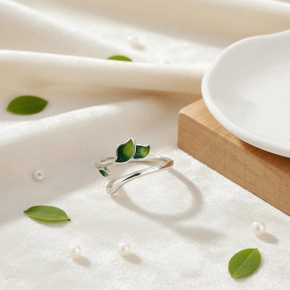 Adjustable Enamel Leaf Ring Oil Drop Women's Ring Elegant Leaf Opening Ring  Gifts