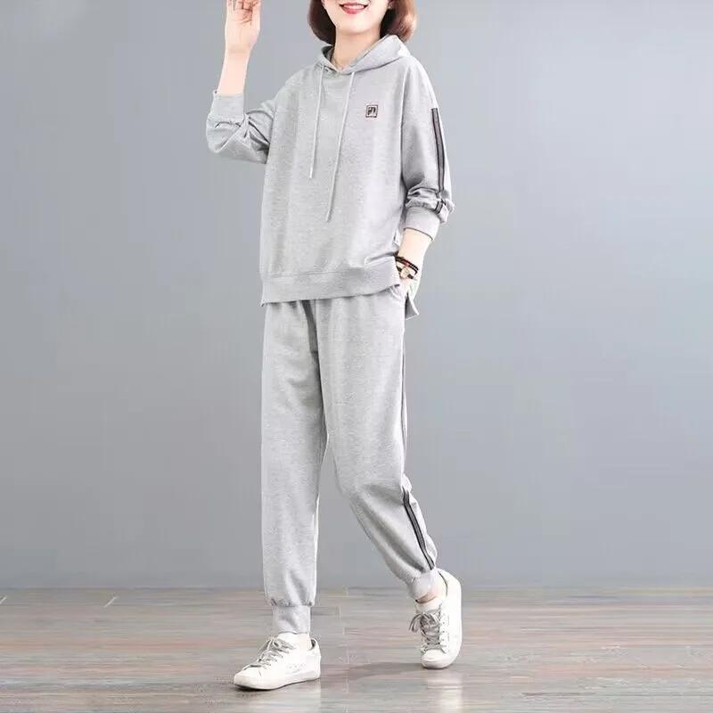 Женский костюм из 2 предметов, хлопковый свитшот, брюки, хлопковый свободный повседневный летний костюм из двух предметов, спортивный топ с капюшоном и брюки