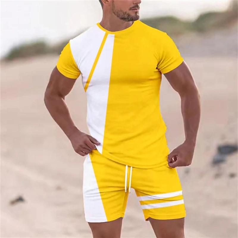 Мужская одежда Футболка Костюмы Спортивный костюм Цветных блоков с круглым вырезом Уличная одежда с коротким рукавом 2 шт. Одежда Весна и лето