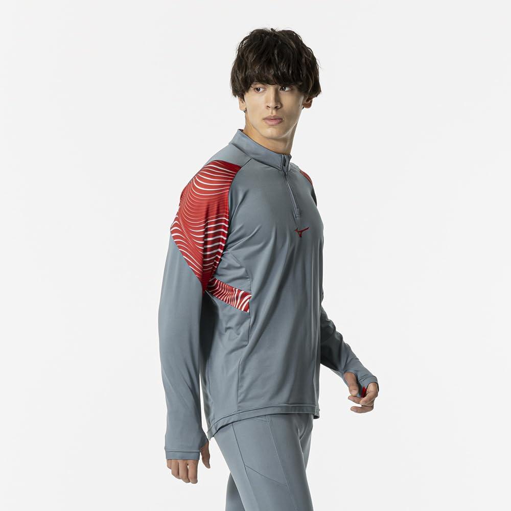 Mizuno Футбольная тренировочная длинная приталенная серая толстовка, рубашка на молнии до середины, рукав, посадка, унисекс, P2MCB036,