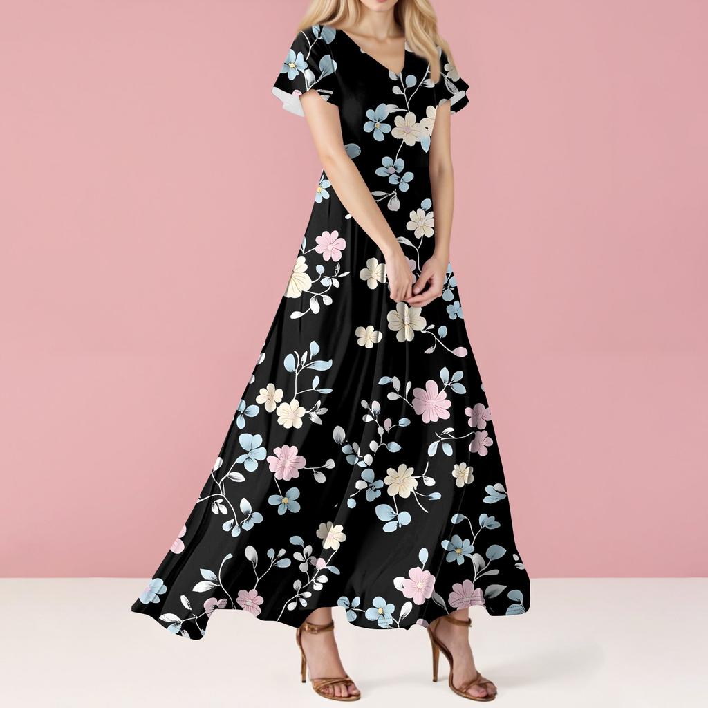 Женские повседневные модные длинные платья с принтом, платья с V-образным вырезом и коротким рукавом