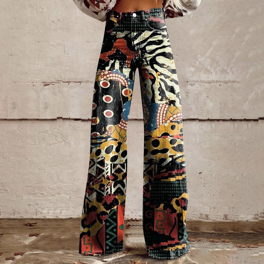 Wide Leg Flare Jeans For Women With Pockets Baggy Pants Vintage Floral Print High Waisted Loose Pant