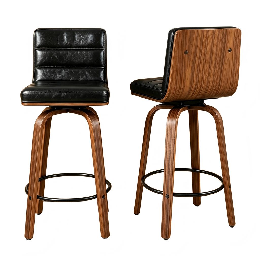 Swivel Bar Stool with PU Leather Upholstery & Curved Wooden Legs 360 degrees Swivel Chair for Kitchen, Bar & Counter