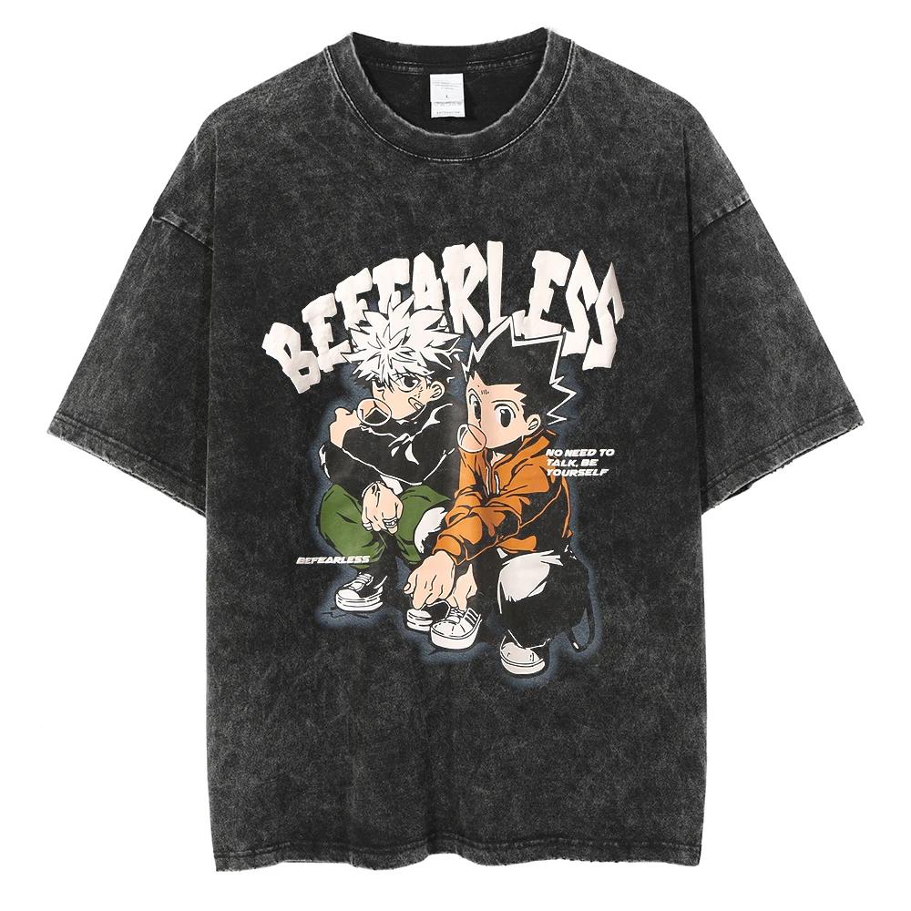 HUNTERHUNTER T Shirt Kurapika Manga Tshirt Men Women Hip Hop Washed Cotton Tshirt Clothing Summer Short Sleeve Tees Streetwear