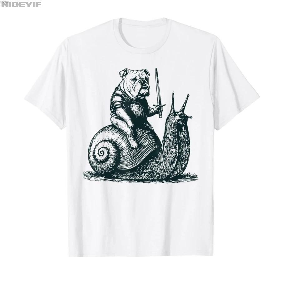 Medieval Bulldog Knight Riding Snail Vintage Funny Dog Meme Tshirt For Men Women 100 Cotton T Shirts Short Sleeve Tops 04032