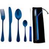 Набор столовых приборов для путешествий, многоразовый глянцевый синий набор столовых приборов из нержавеющей стали 18/8, столовая посуда, набор посуды, вилка, чайная ложка с металлическими соломинками, черный мешочек