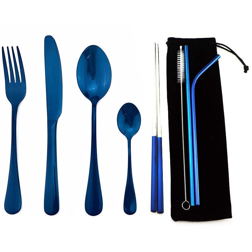 Набор столовых приборов для путешествий, многоразовый глянцевый синий набор столовых приборов из нержавеющей стали 18/8, столовая посуда, набор посуды, вилка, чайная ложка с металлическими соломинками, черный мешочек