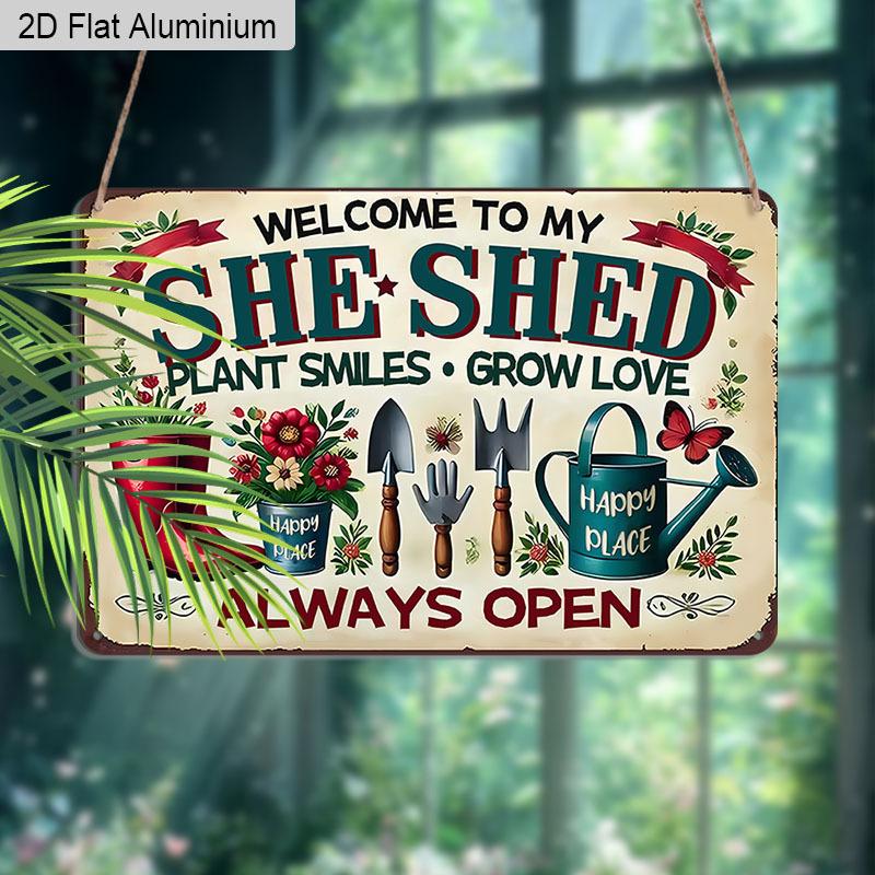 2D Flat 1pc 12"x8" Retro She Shed Aluminium Wall Art with "WELCOME TO MY SHE SHED" Quote - Vintage Garden Decor, Floral Gardening Tools Design