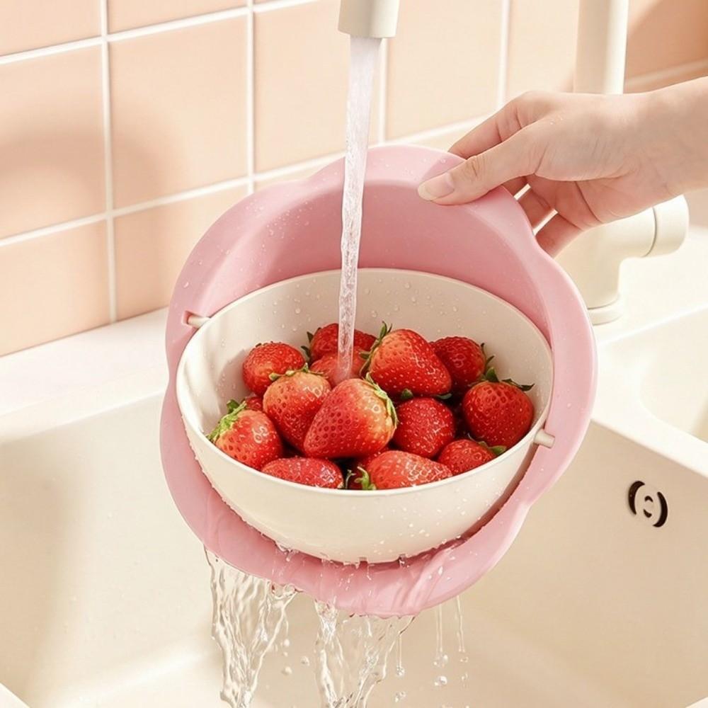 Rotating Flower Drain Basket Double Layer Kitchen Strainer Creative Fruit Washing Basket Travel