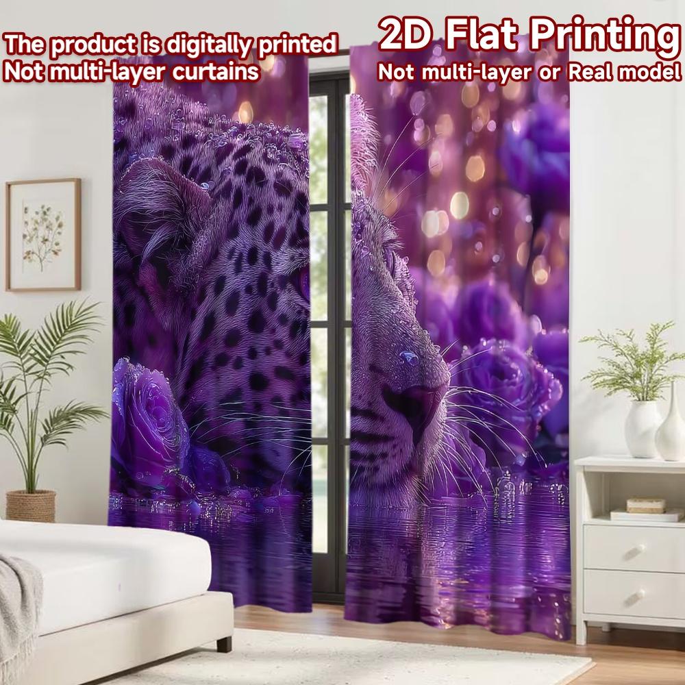 2D flat printing 2pcs Curtain Curtains Midnight Leopard with Roses Digital Printed Polyester Drapes Festive Holiday for Holiday