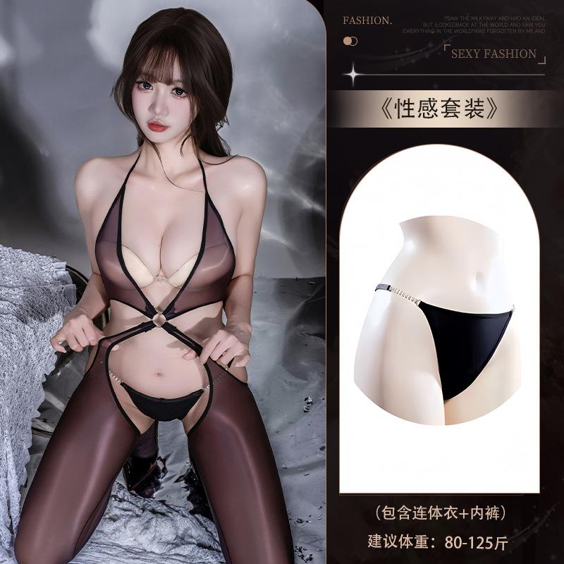 Sexy underwear hot sexy pure desire flirting perspective hollow high elastic horse oil light open crotch pearl onesie women