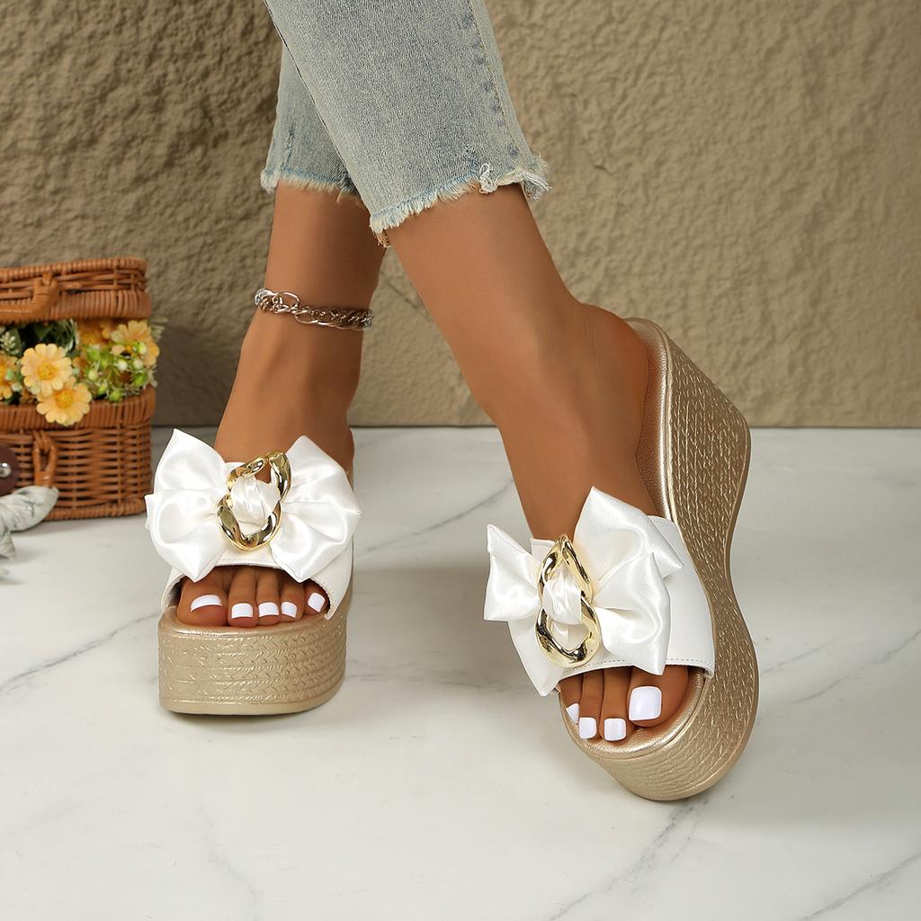 Aphixta Золотая подошва 9 см Клиновидный каблук Тапочки Бант Металлическая отделка Мюли Высокий каблук Сандалии на платформе Обувь Сабо Слайды Большой размер 43