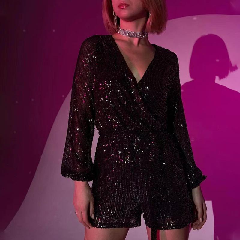 2025 New Direct Sales Holiday Party Fashion Sequin Long-sleeved Dress Jumpsuit Shorts