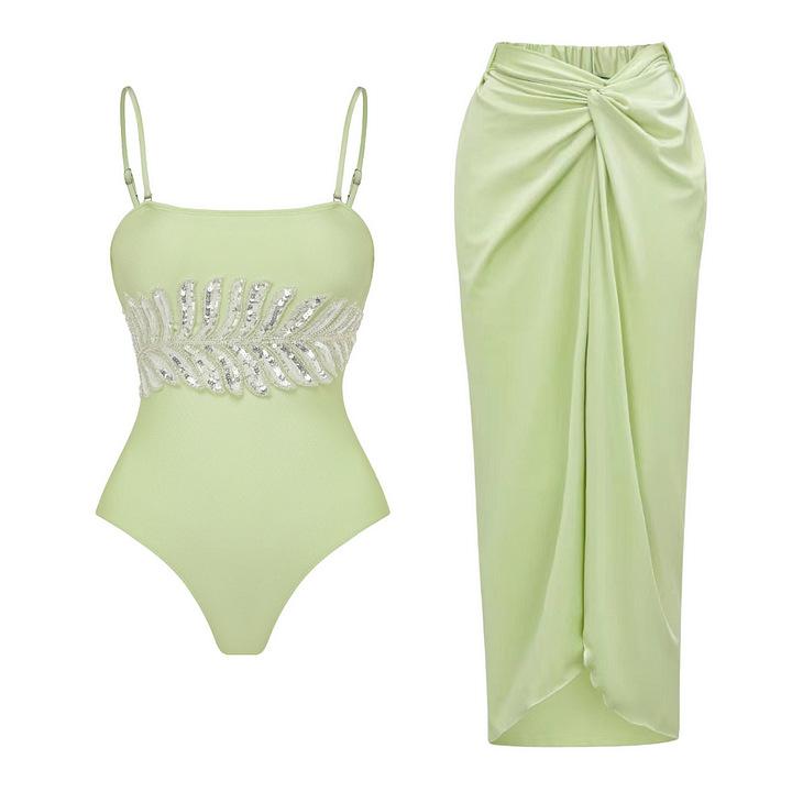 1011 European and American swimwear new fresh green beads embroidered solid color one-piece swimsuit women's explosion 11011