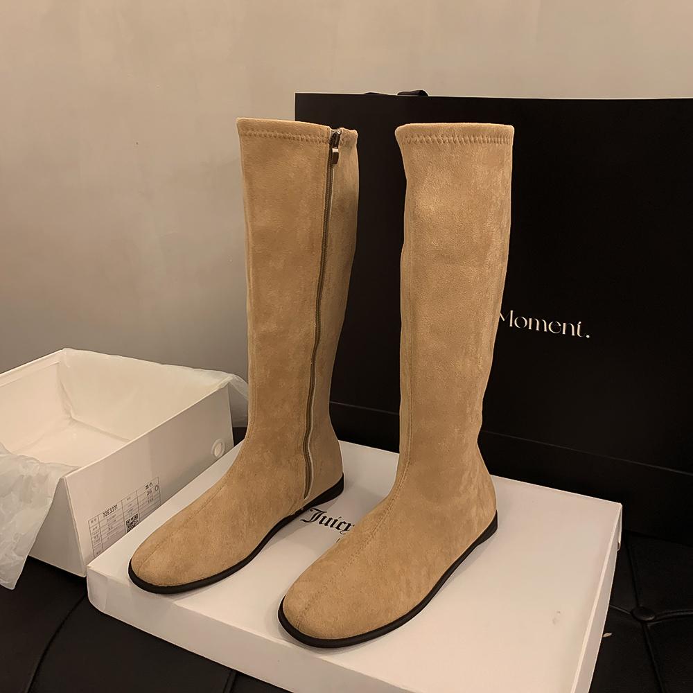 Красивые тонкие, но плоские одинарные сапоги рыцарские сапоги универсальные корейские высокие сапоги женские белые круглые тонкие длинные