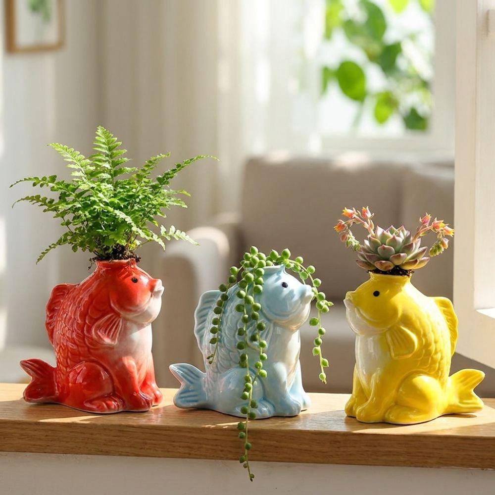Artistic Decorative Flower Vase Fish-shaped Plant Pot Ornament Ceramic Succulent Planter Office