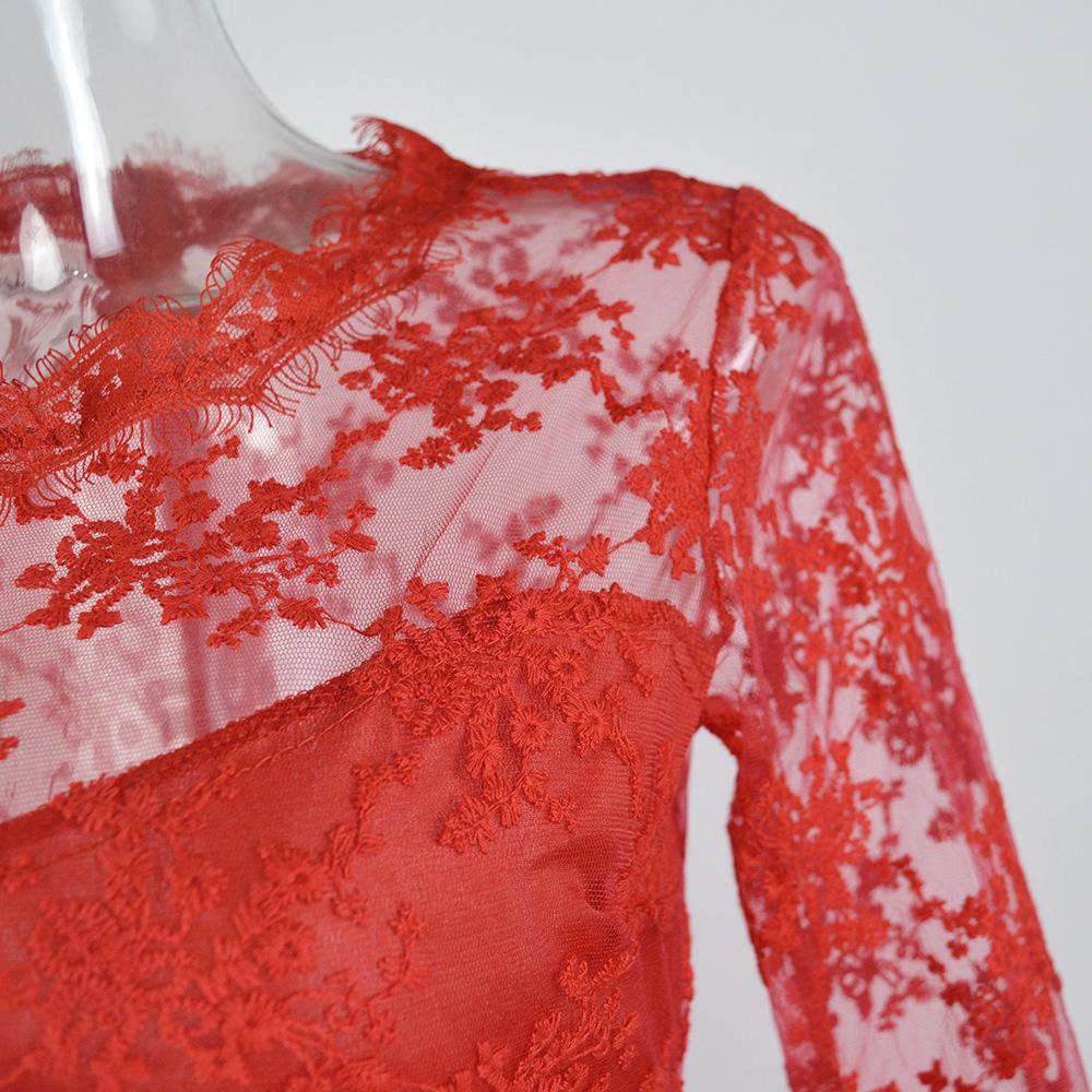 Осеннее женское красное кружевное прозрачное платье с длинным рукавом, темперамент, элегантная модная женская одежда