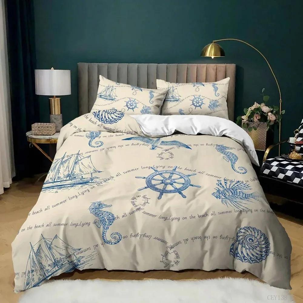 Океан 3D Морской Прибрежный Принт Комплект Постельного Белья Пододеяльник Наволочка Комплект Постельного Белья Постельное Белье Простыня Покрывало Полный Двуспальный Кинг-сайз