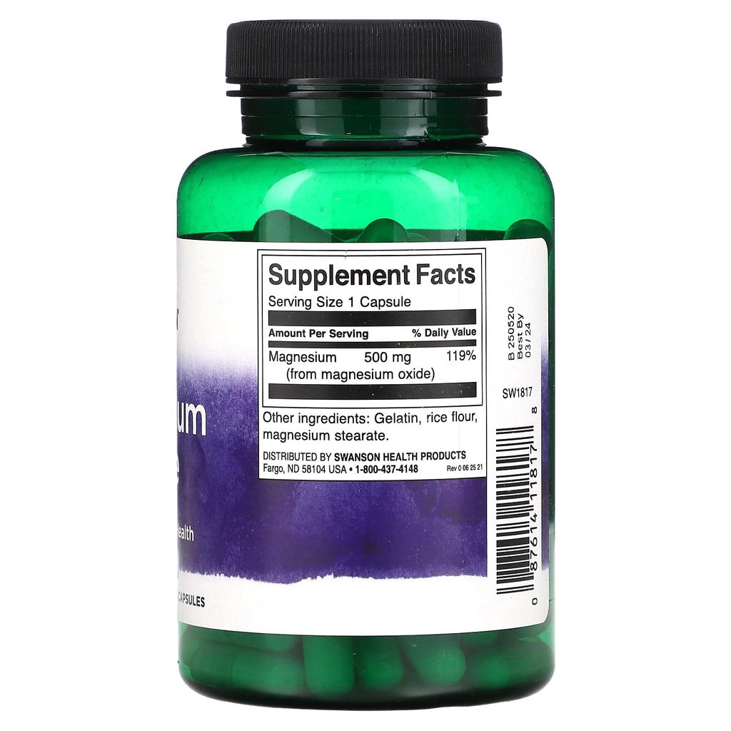 Magnesium Oxide, 500Mg, 100 Capsules